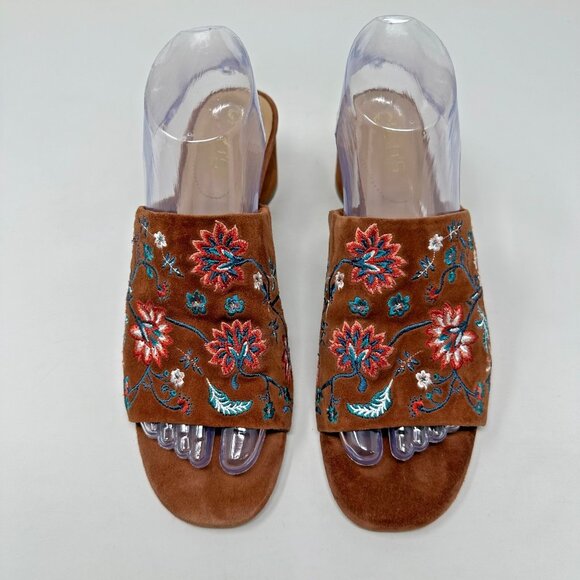 Chicos Slide Sandals Size 9 Brown Suede Floral Embroidered Wanda Heels - Picture 3 of 12